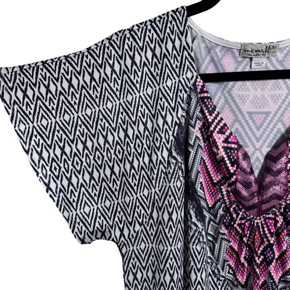 One World Mixed Aztec Print Sequin Stretch Short Sleeve Tunic Top Women's XL - Picture 3 of 9